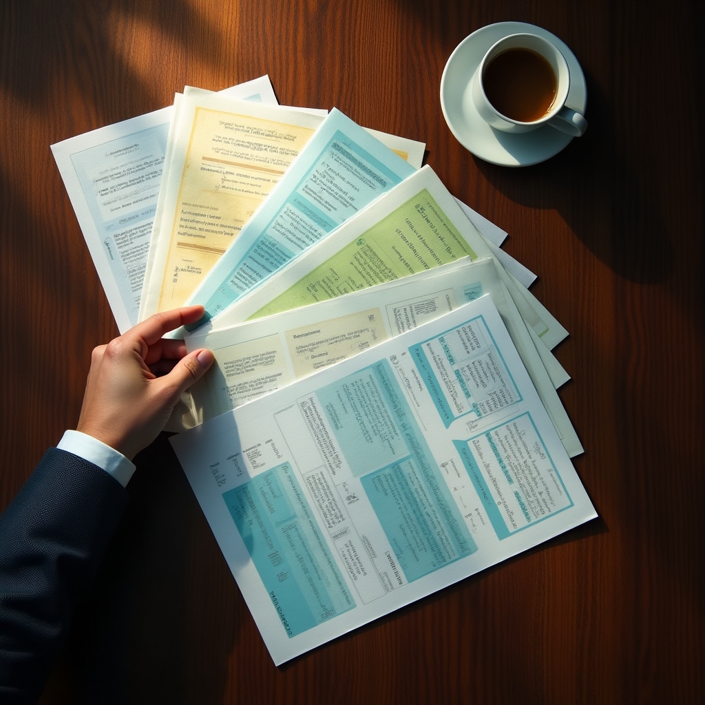 Overhead view of organized guides and printed frameworks spread on a wood desk with a cup of coffee