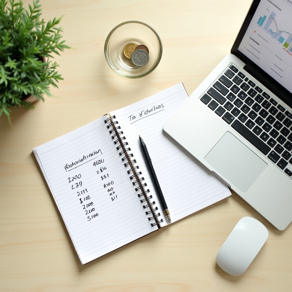 Bird's eye view of a notebook with tax calculation notes next to a laptop showing a savings dashboard